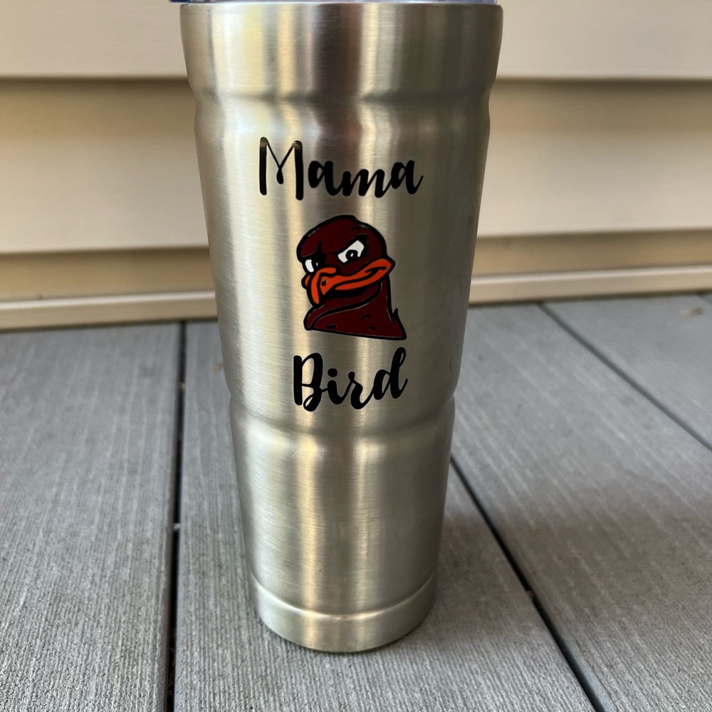 Silver Tumbler with Virginia Tech Mama Bird Design